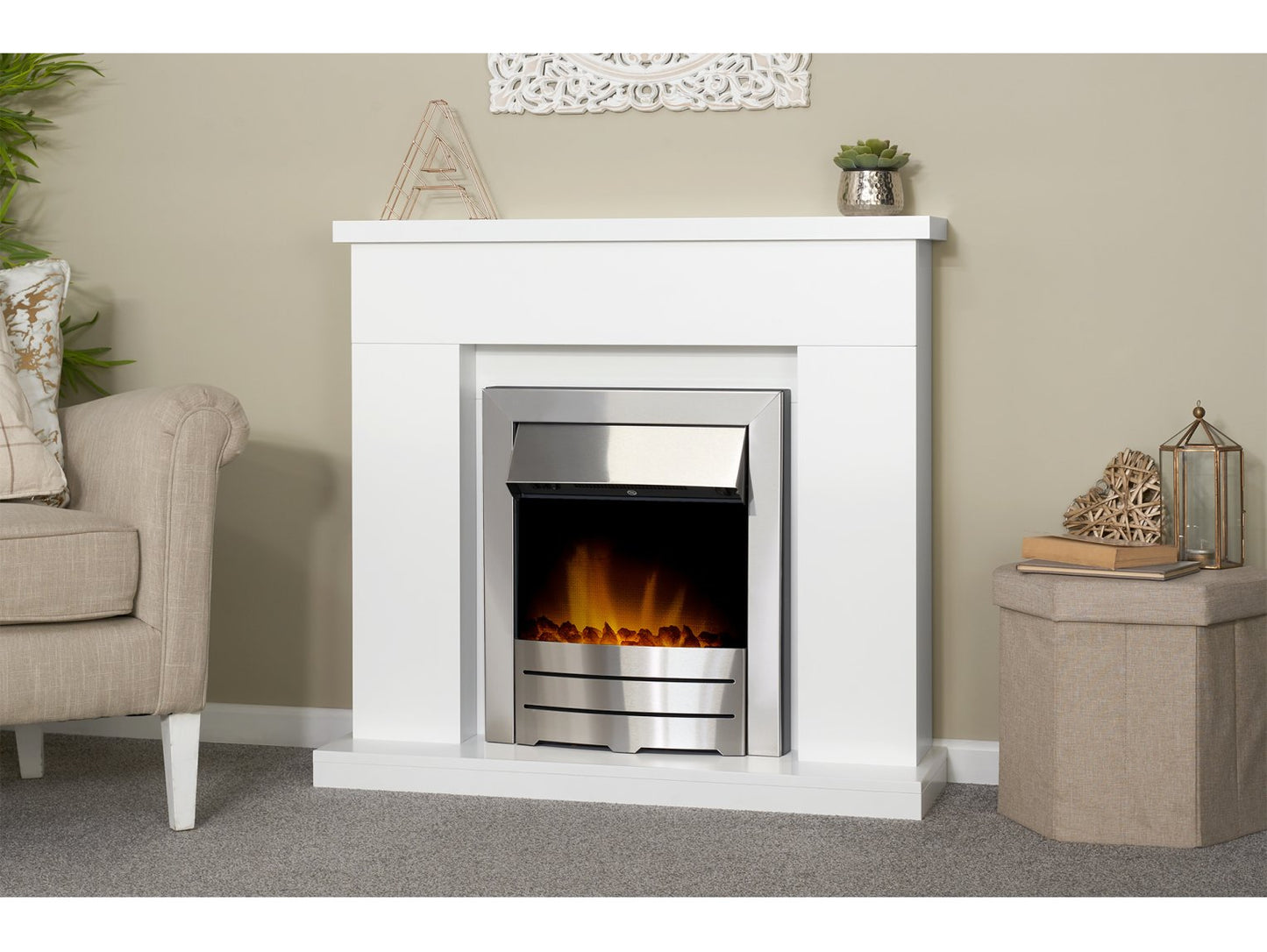Adam Lomond Fireplace Suite Pure White + Colorado Electric Fire Brushed Steel, 39"
