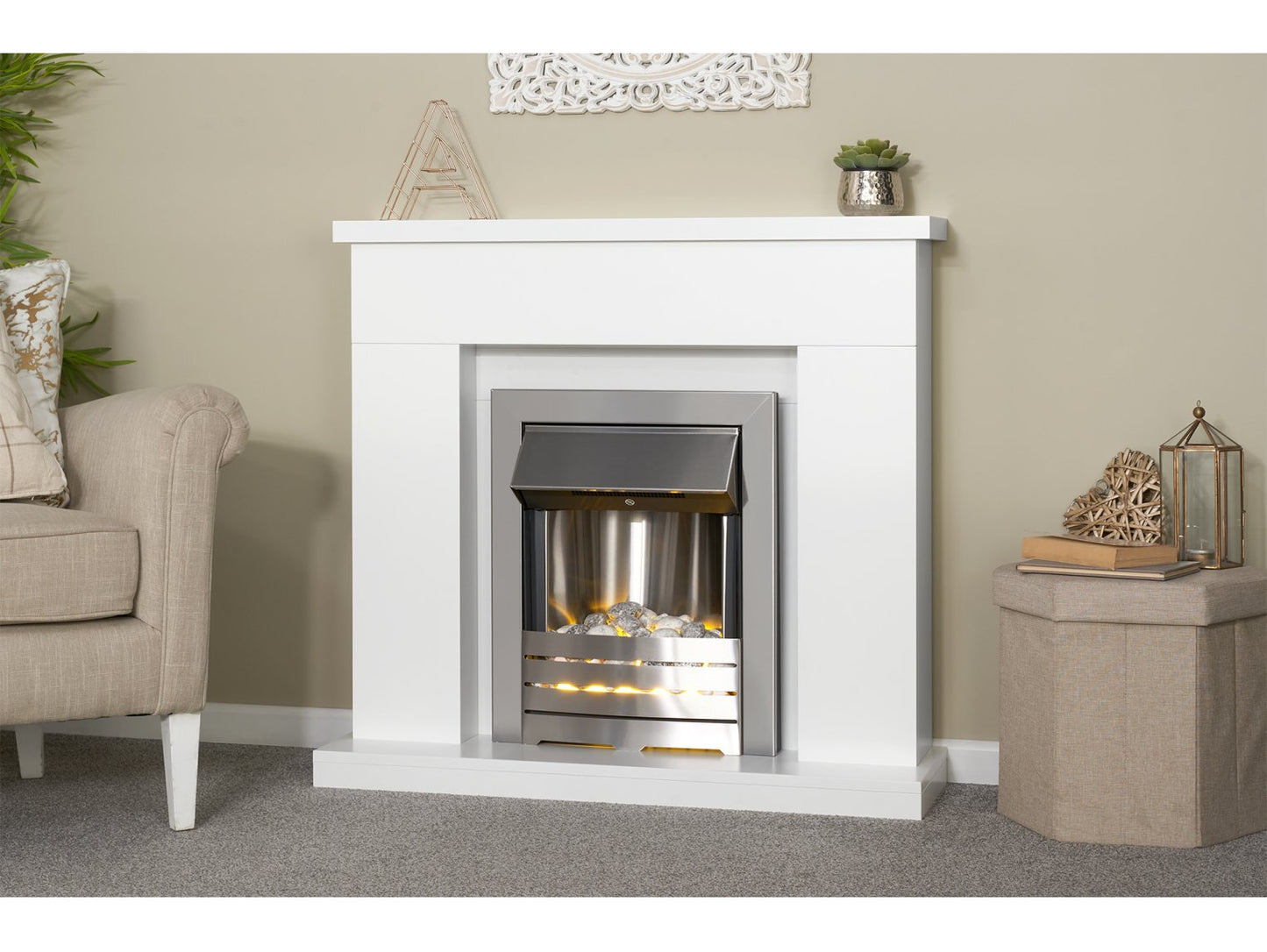 Adam Lomond Fireplace Suite Pure White + Helios Electric Fire Brushed Steel, 39"