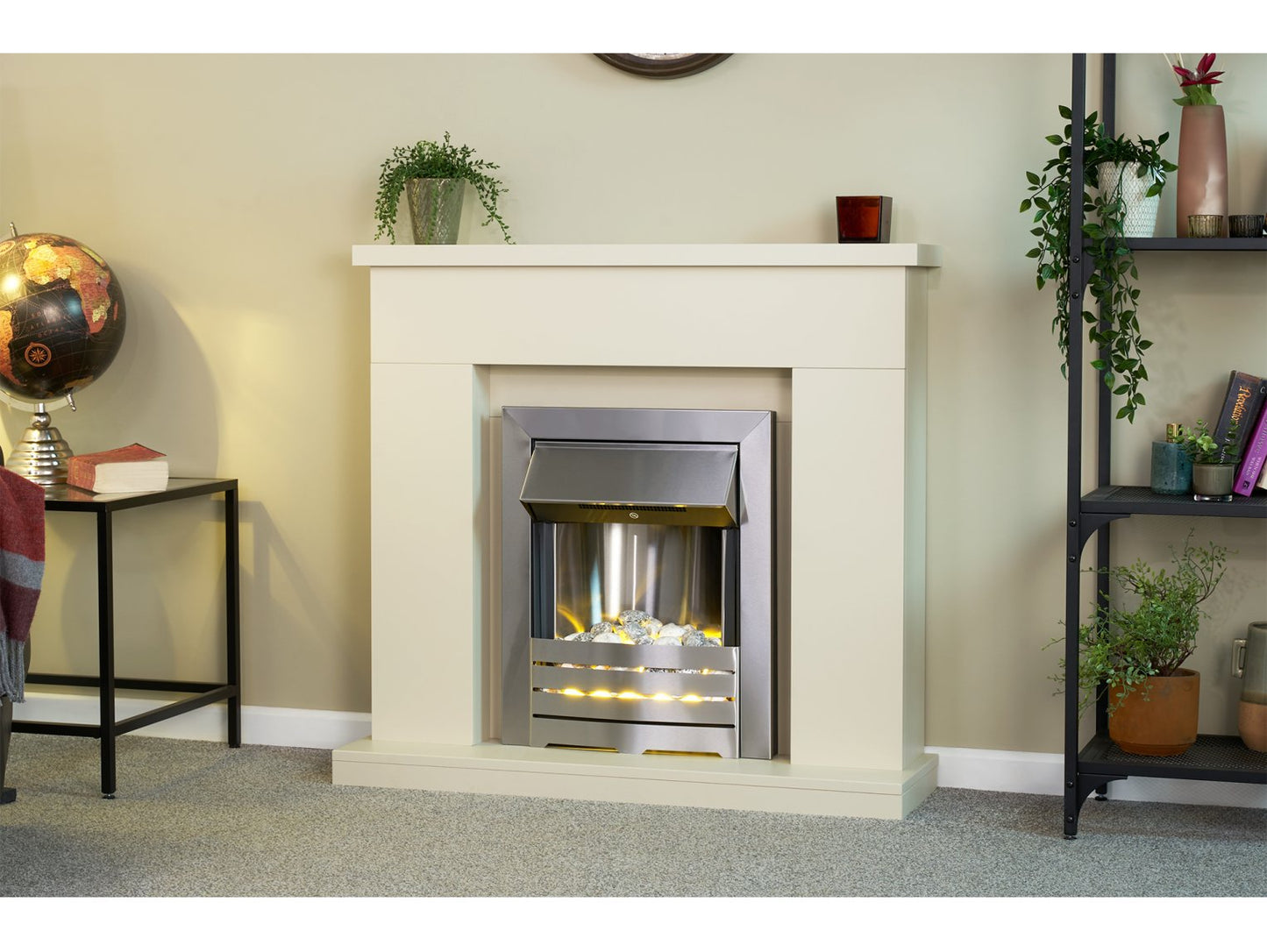 Adam Lomond Fireplace Stone Effect + Helios Electric Fire Brushed Steel, 39"