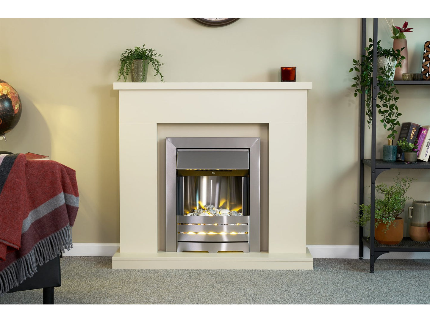 Adam Lomond Fireplace Stone Effect + Helios Electric Fire Brushed Steel, 39"