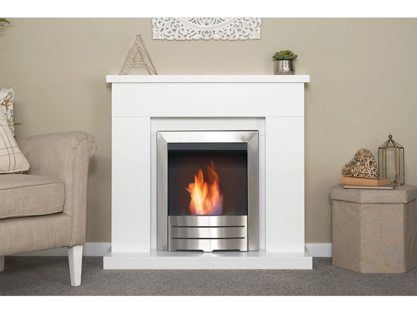 Adam Lomond Fireplace Suite Pure White + Colorado Bio Ethanol Fire Brushed Steel, 39"