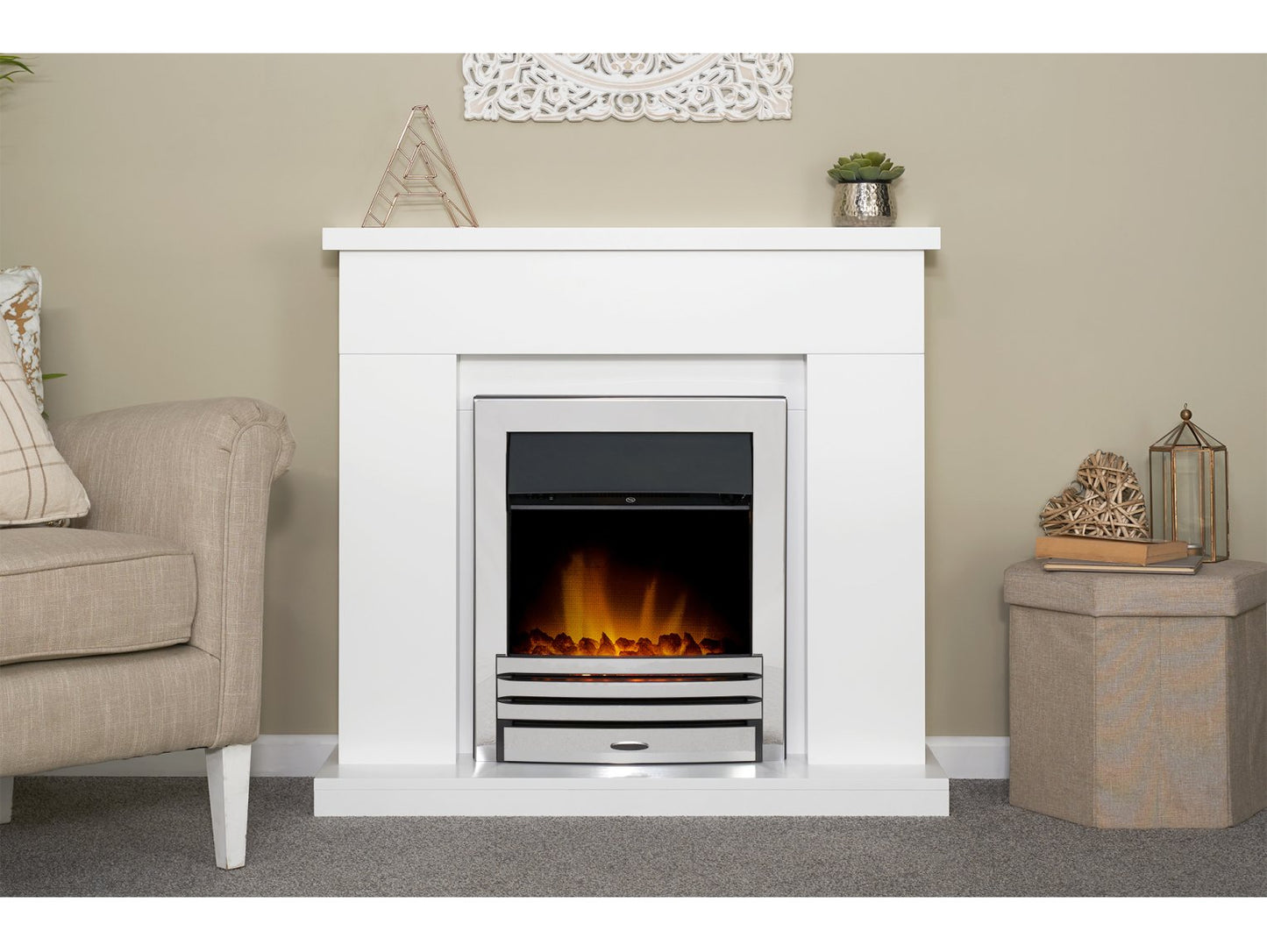 Adam Lomond Fireplace Suite Pure White + Eclipse Electric Fire Chrome, 39"
