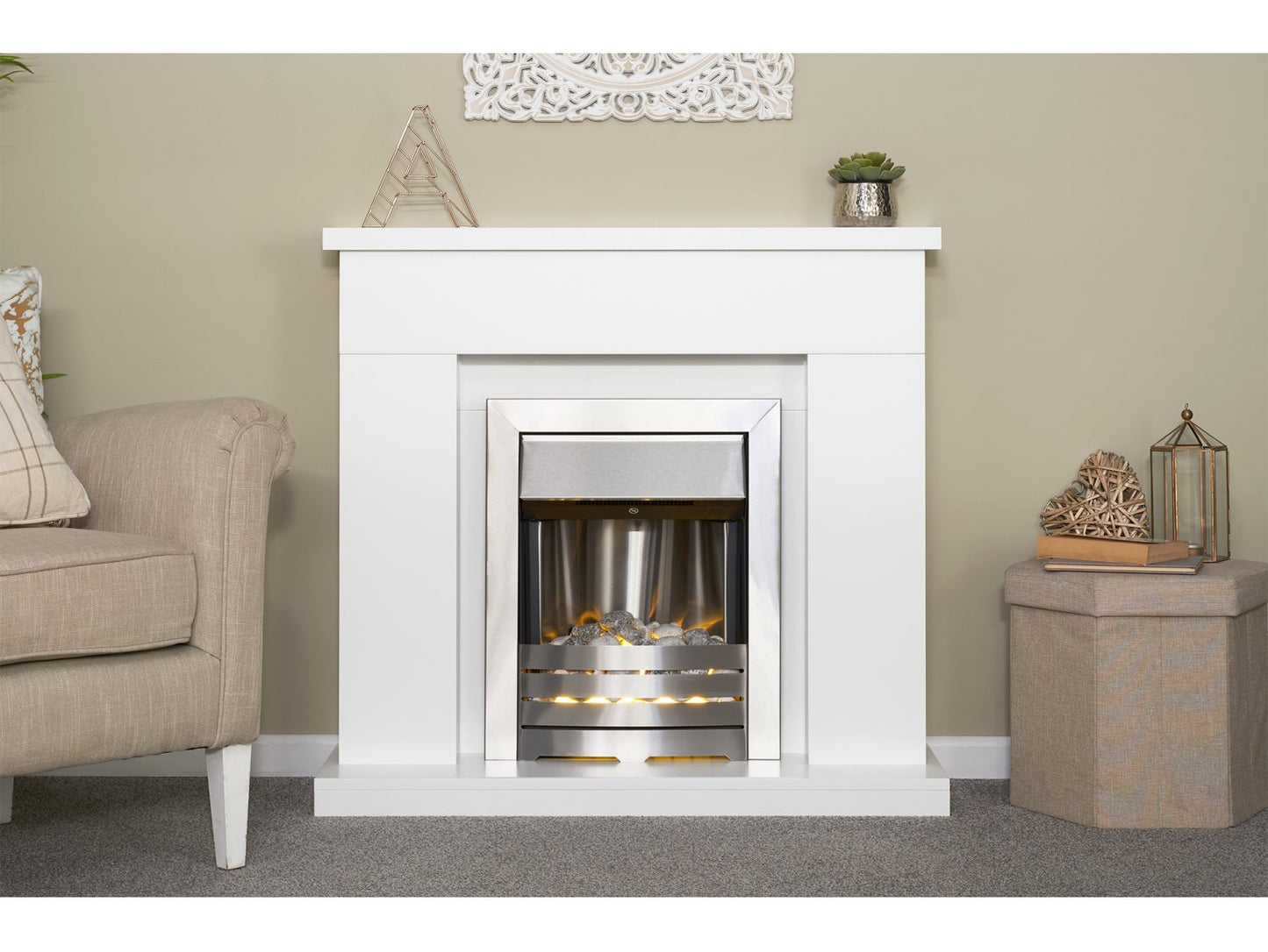 Adam Lomond Fireplace Suite Pure White + Helios Electric Fire Brushed Steel, 39"
