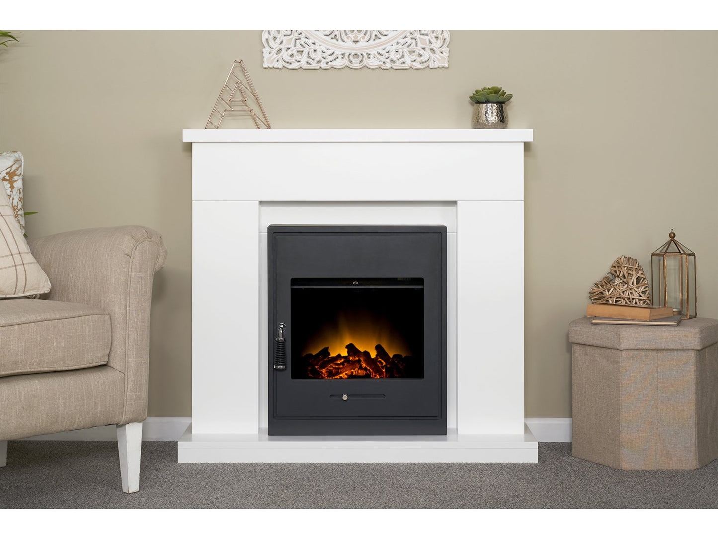 Adam Lomond Fireplace Suite Pure White + Oslo Electric Fire Black, 39"
