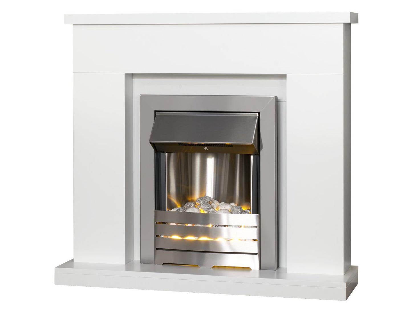 Adam Lomond Fireplace Suite Pure White + Helios Electric Fire Brushed Steel, 39"