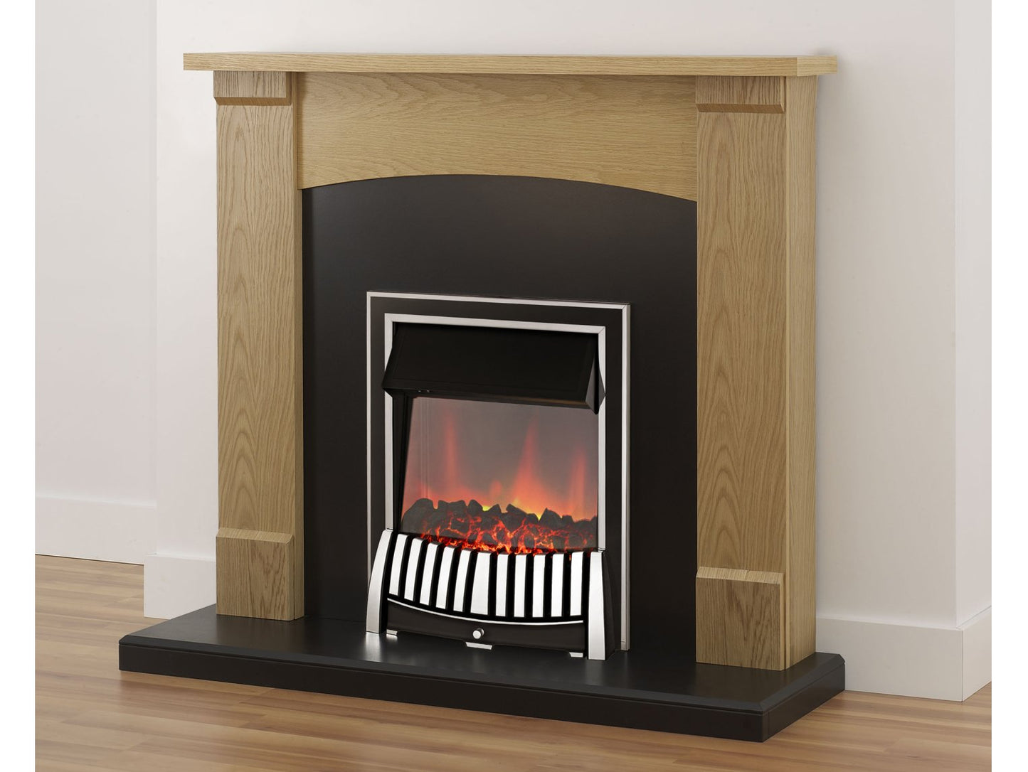 Adam Lonsdale Fireplace Suite Oak + Elan Electric Fire Chrome, 48"