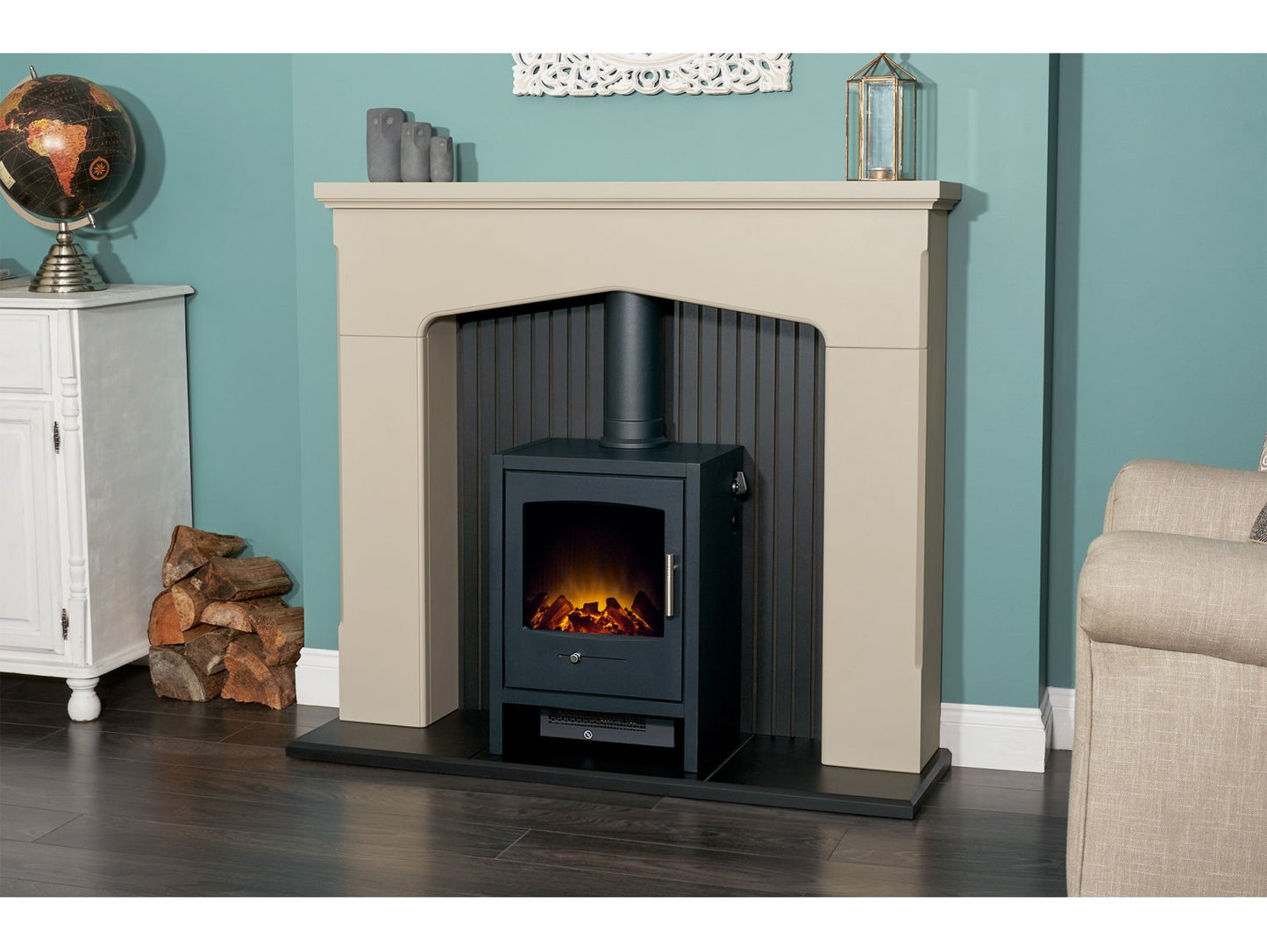 Adam Ludlow Stove Fireplace Stone Effect + Bergen Electric Stove Charcoal Grey, 48"