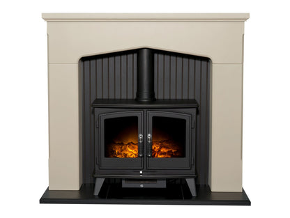 Adam Ludlow Stove Fireplace in Stone Effect with Woodhouse Electric Stove in Black, 48 Inch