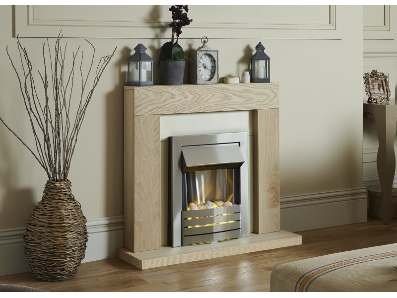 Adam Malmo Fireplace Suite Oak + Helios Electric Fire Brushed Steel, 39"