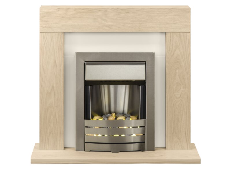 Adam Malmo Fireplace Suite Oak + Helios Electric Fire Brushed Steel, 39"