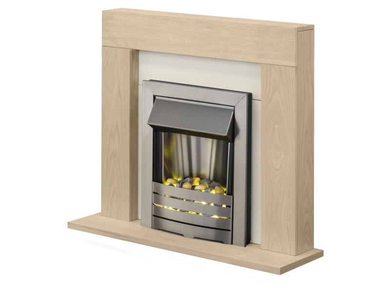 Adam Malmo Fireplace Suite Oak + Helios Electric Fire Brushed Steel, 39"