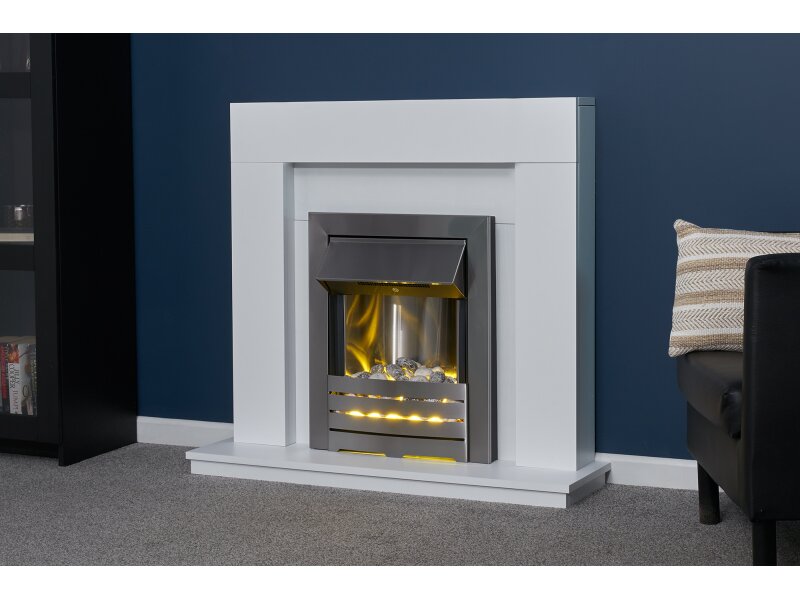 Adam Malmo Pure White + Helios Electric Fire Brushed Steel, 39"