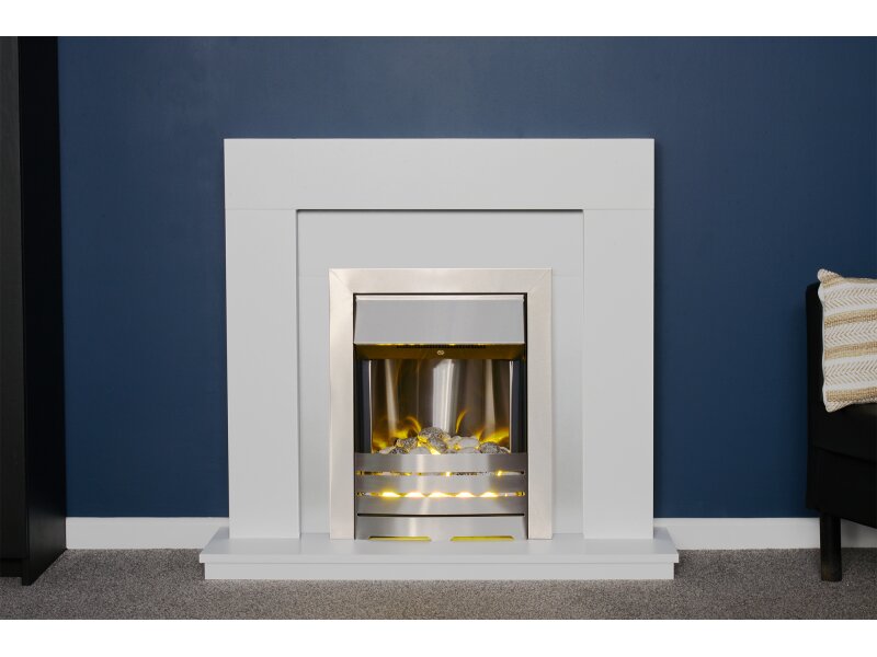Adam Malmo Pure White + Helios Electric Fire Brushed Steel, 39"