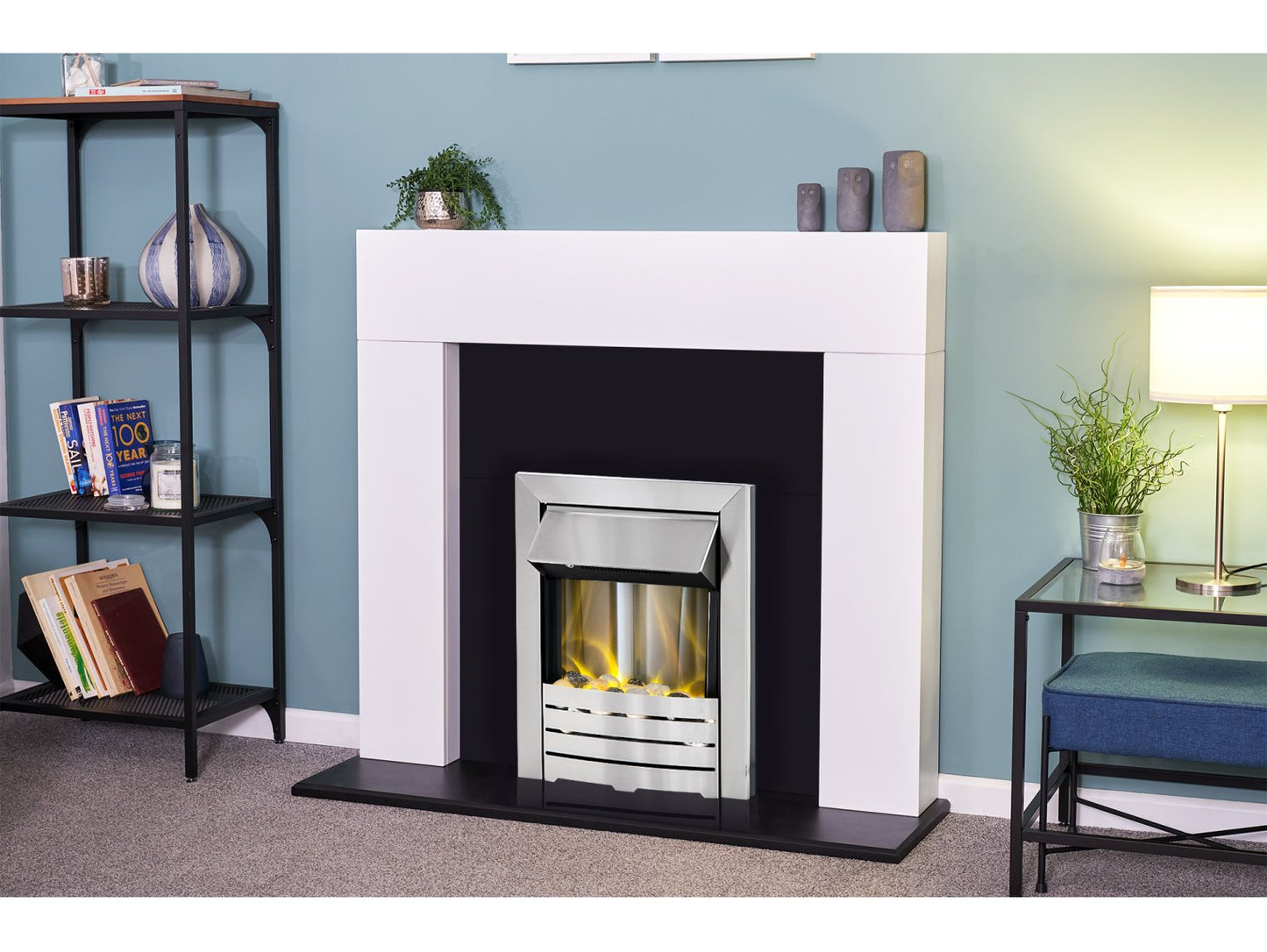 Adam Miami Fireplace Pure White & Black + Helios Electric Fire Brushed Steel, 48"