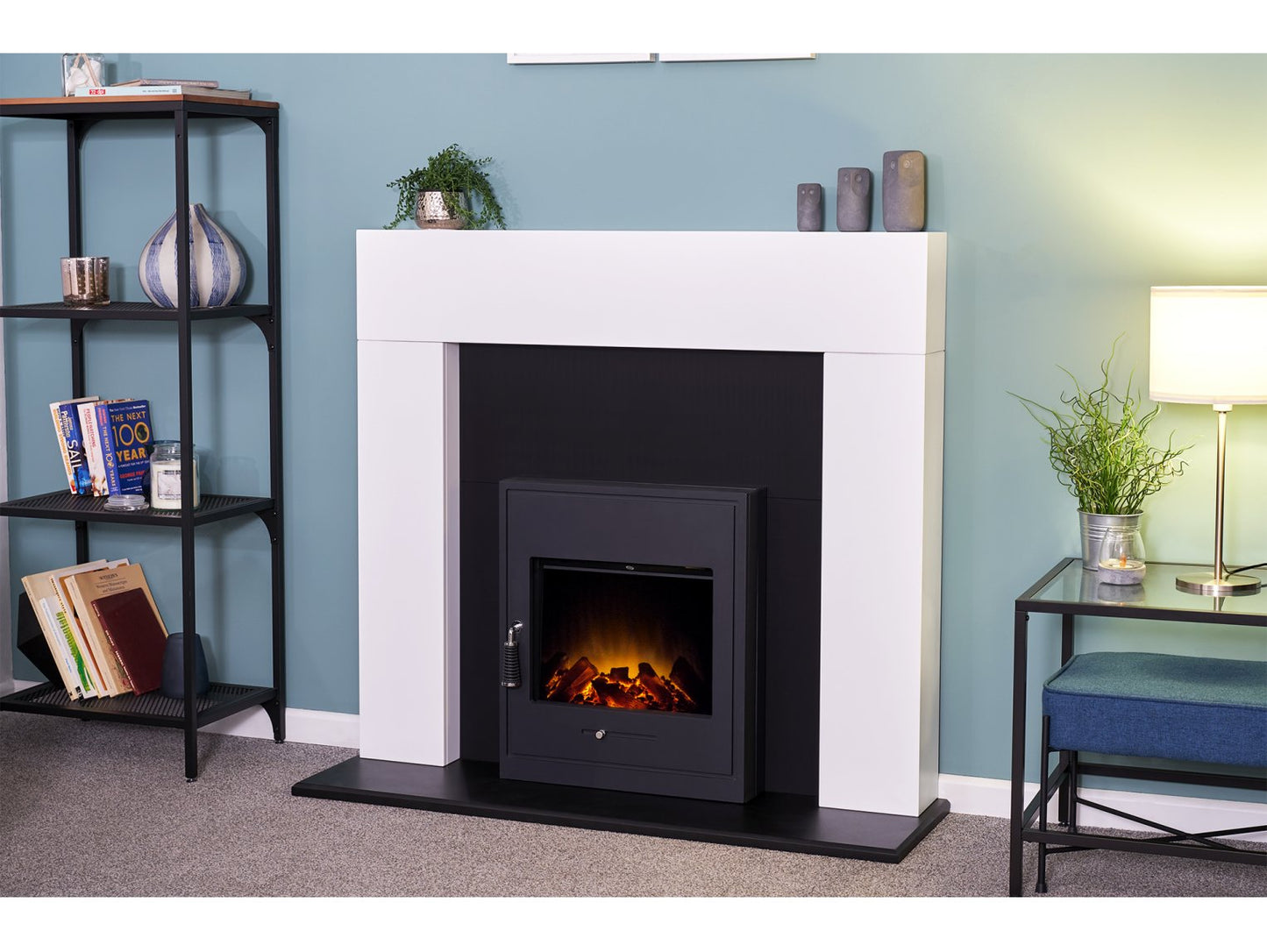 Adam Miami Fireplace Pure White & Black + Oslo Electric Inset Stove Black, 48"