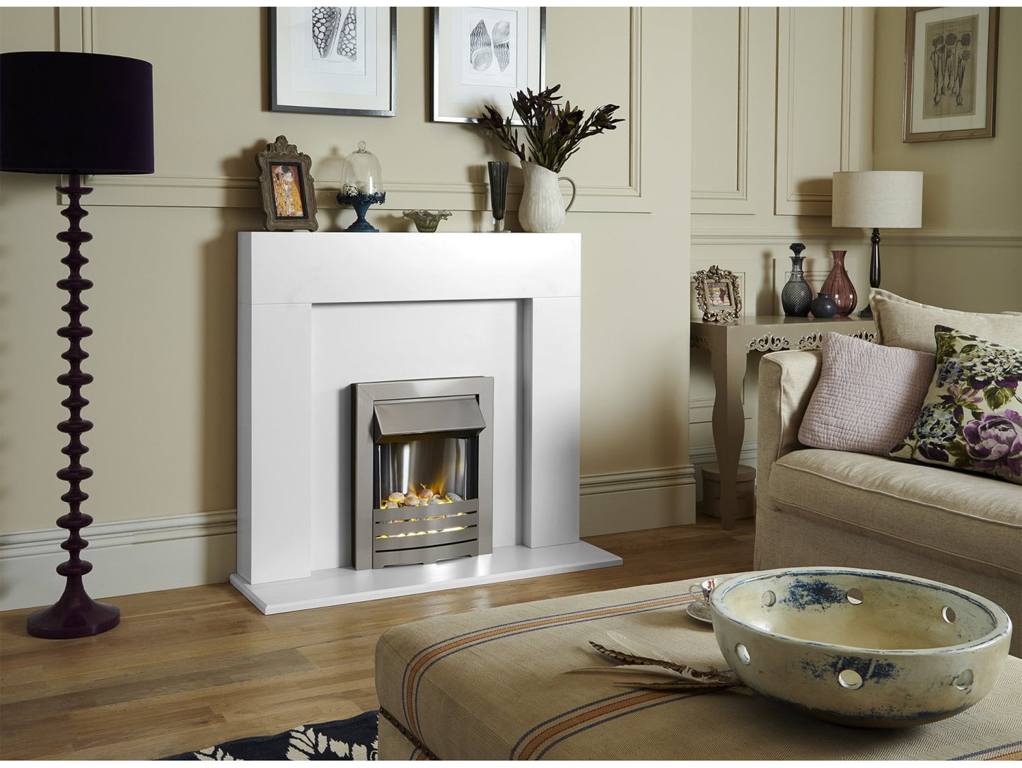Adam Miami Fireplace Pure White + Helios Electric Fire Brushed Steel, 48"
