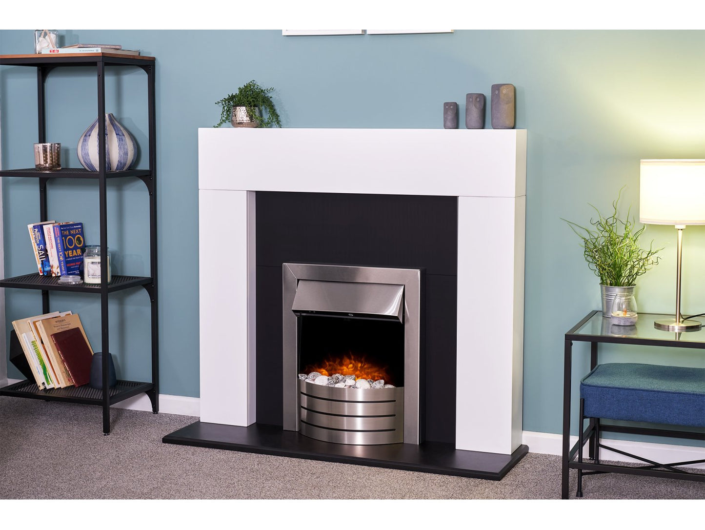 Adam Miami Fireplace Pure White & Black + Comet Electric Fire Brushed Steel, 48"
