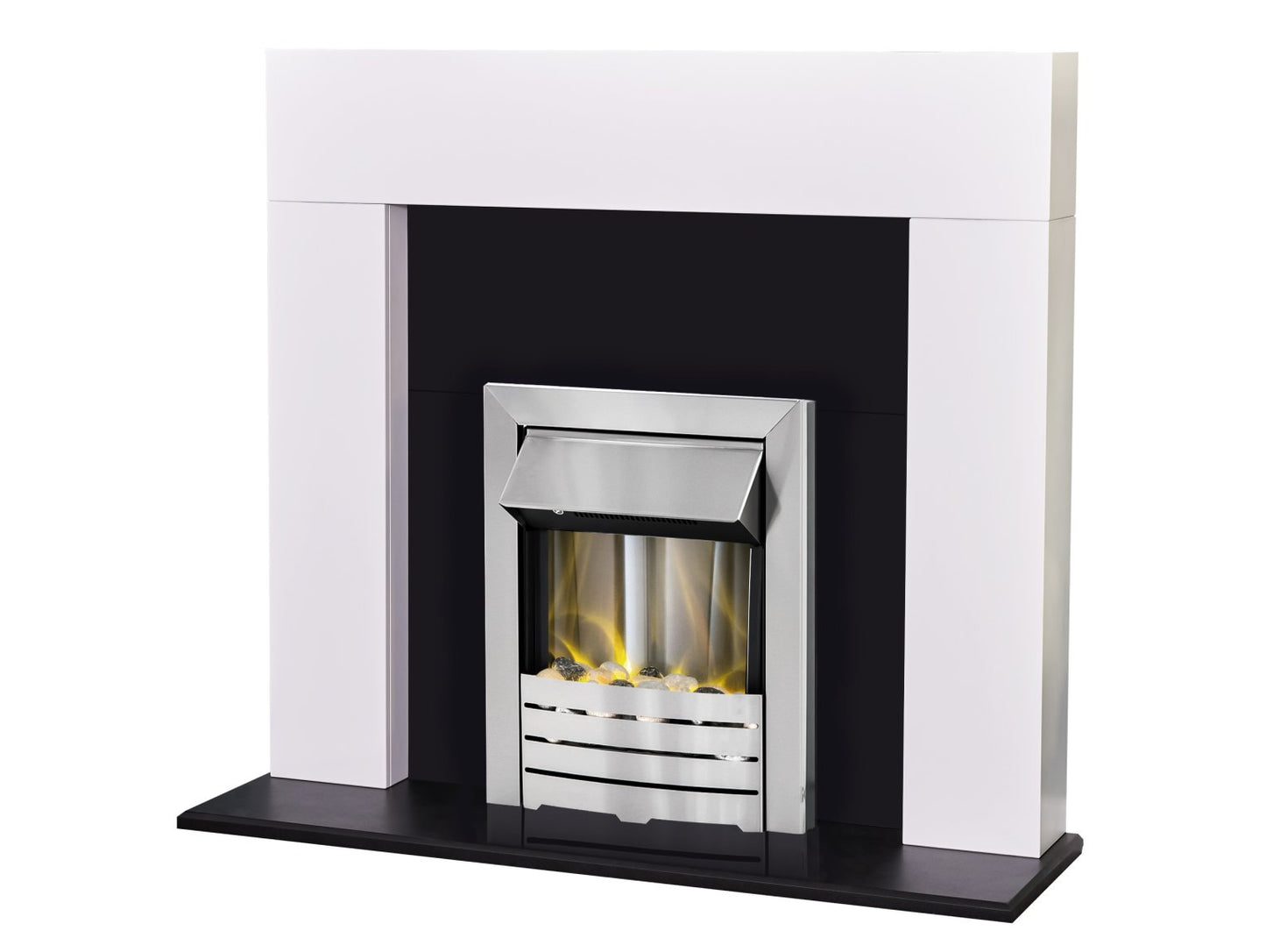 Adam Miami Fireplace Pure White & Black + Helios Electric Fire Brushed Steel, 48"