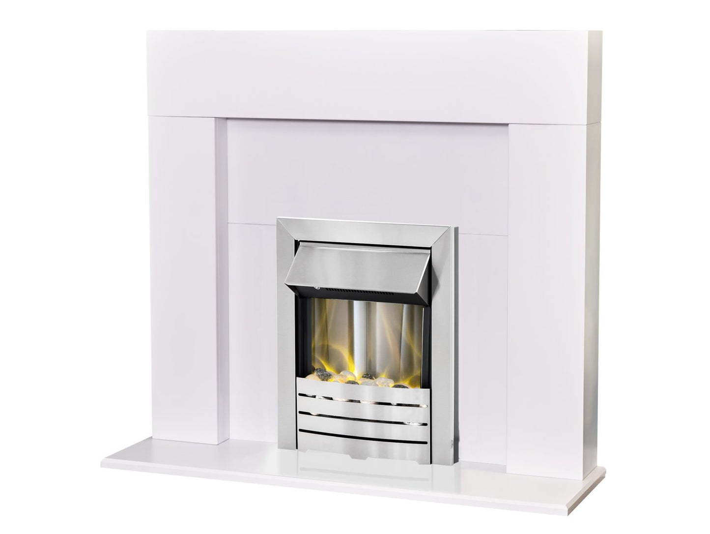 Adam Miami Fireplace Pure White + Helios Electric Fire Brushed Steel, 48"