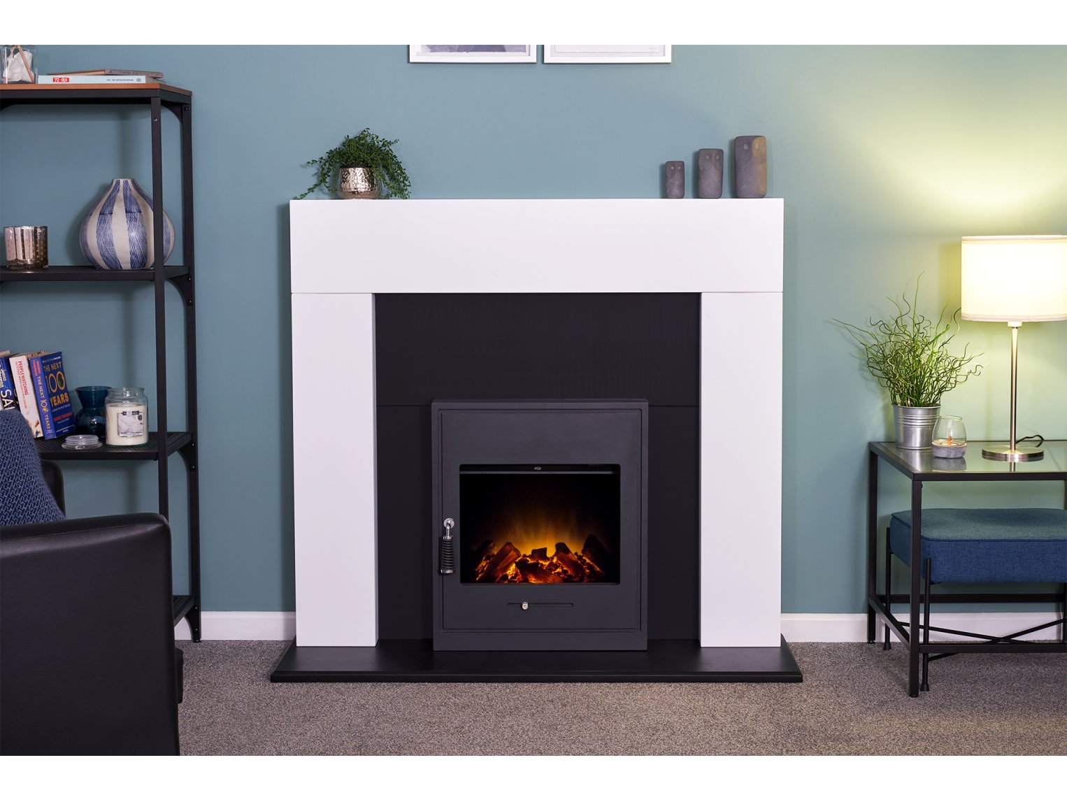 Adam Miami Fireplace Pure White & Black + Oslo Electric Inset Stove Black, 48"