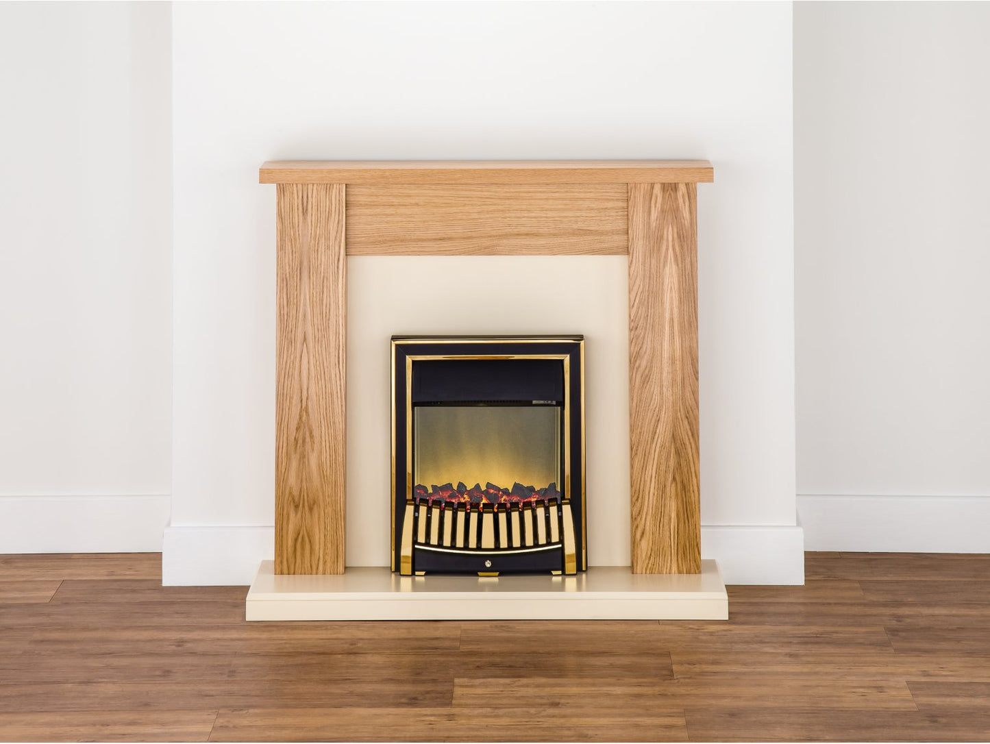 Adam New England Fireplace Suite Oak + Elan Electric Fire Brass, 48"