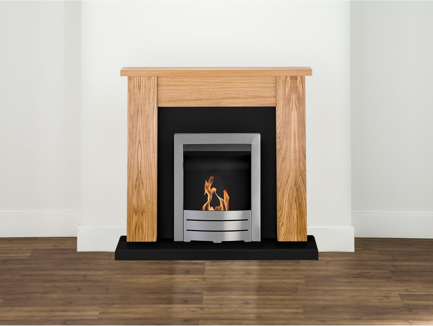 Adam New England Fireplace Suite Oak & Black + Colorado Bio Ethanol Fire Brushed Steel 48 inch