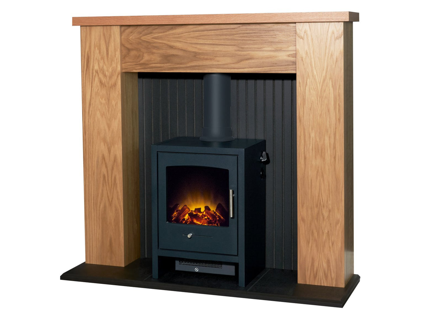 Adam New England Stove Fireplace Oak & Black + Bergen Electric Stove Charcoal Grey, 48"