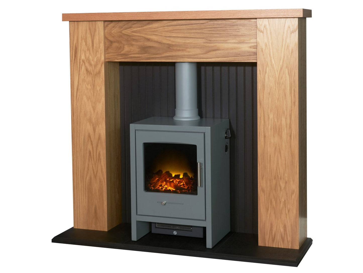 Adam New England Stove Fireplace Oak & Black + Bergen Electric Stove Grey, 48"