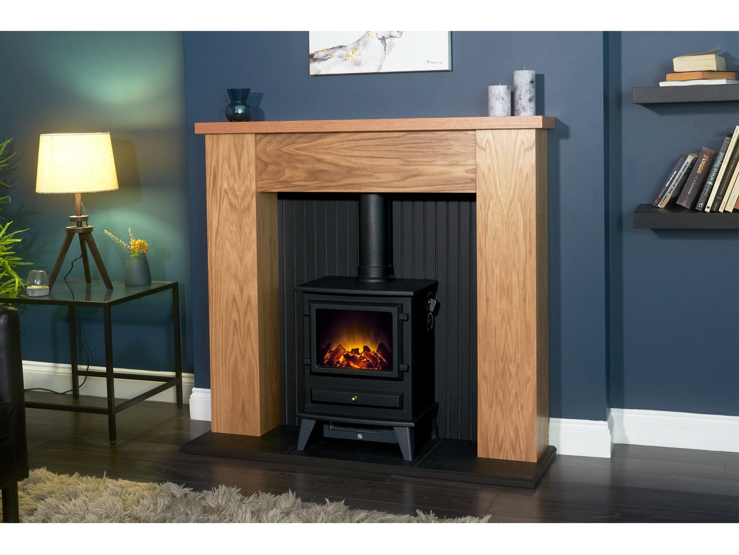 Adam New England Stove Fireplace Oak & Black + Hudson Electric Stove Black, 48"