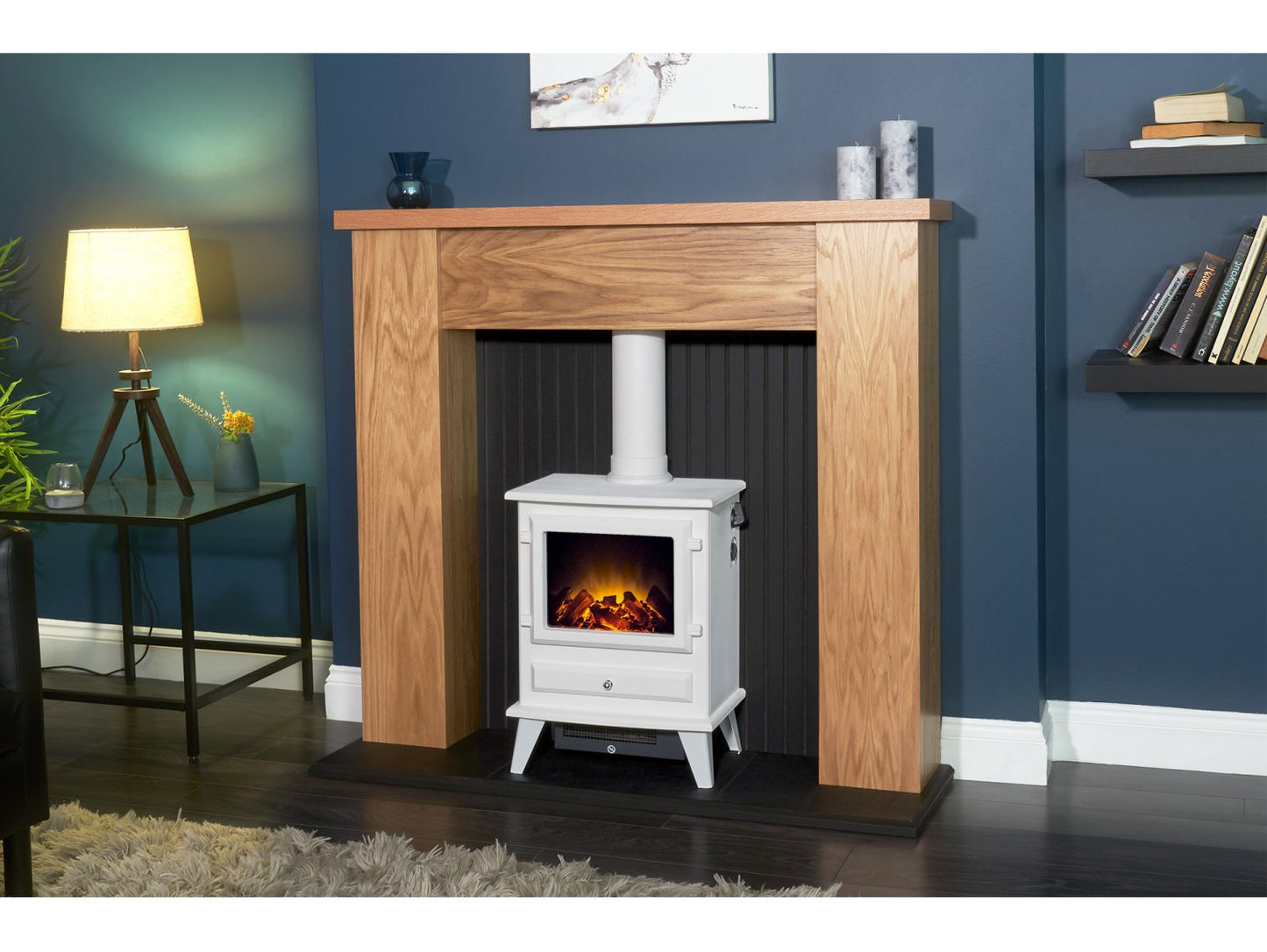 Adam New England Stove Fireplace Oak & Black + Hudson Electric Stove Textured White, 48"