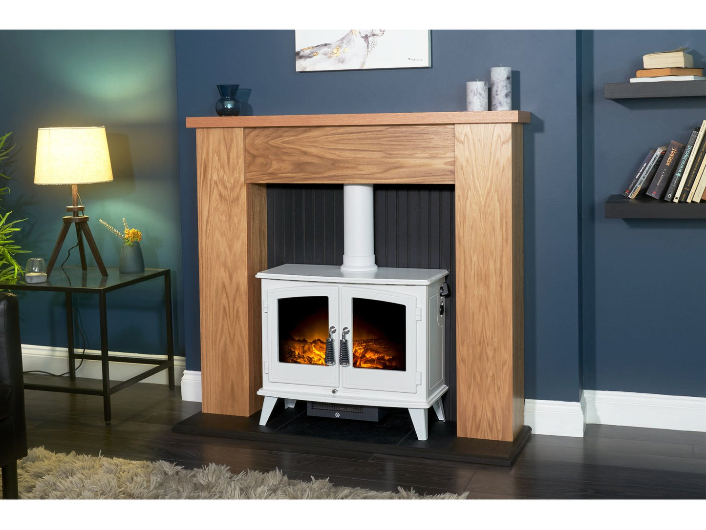 Adam New England Stove Fireplace Oak & Black + Woodhouse Electric Stove Pure White, 48"