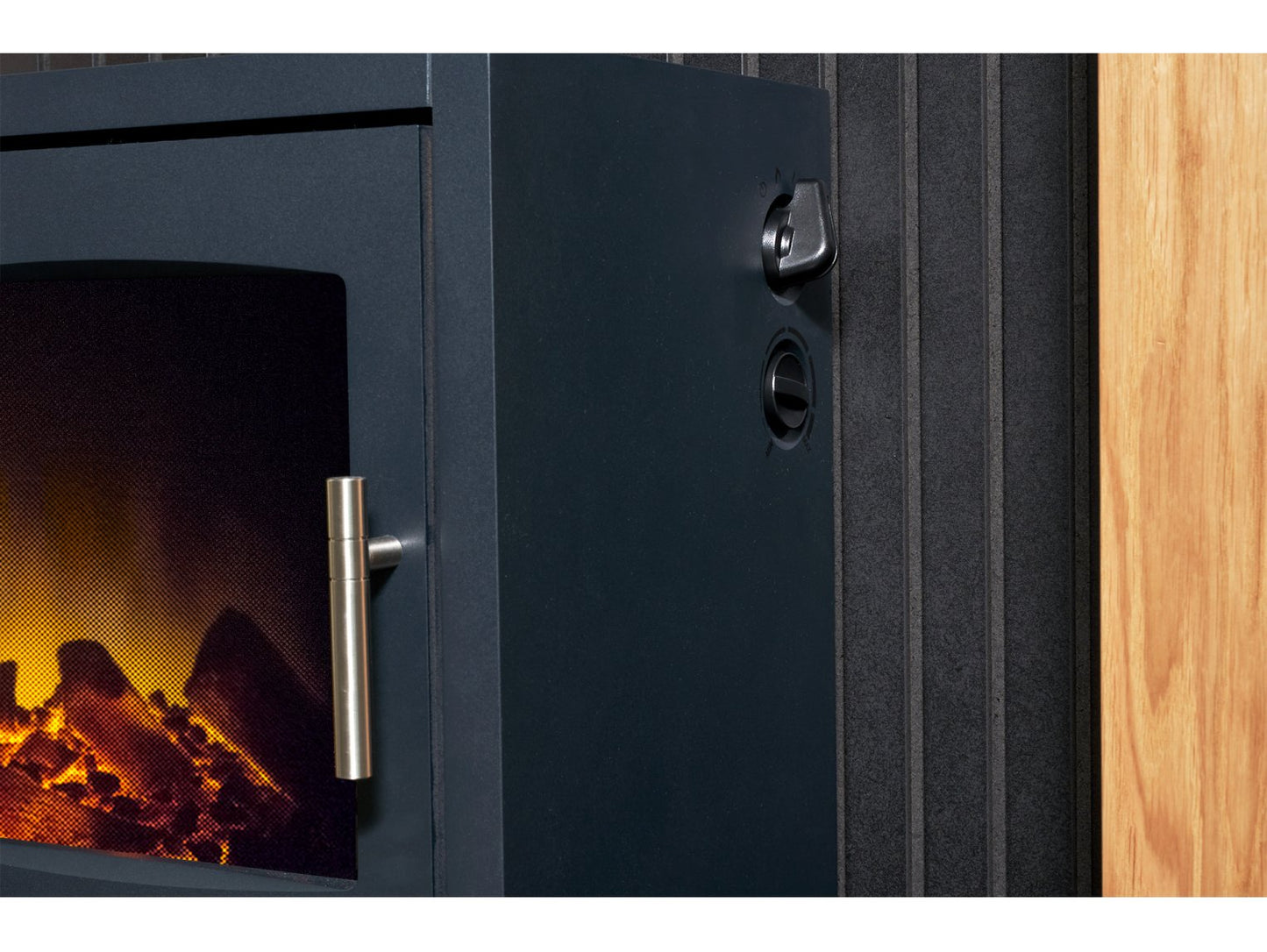 Adam New England Stove Fireplace Oak & Black + Bergen Electric Stove Charcoal Grey, 48"