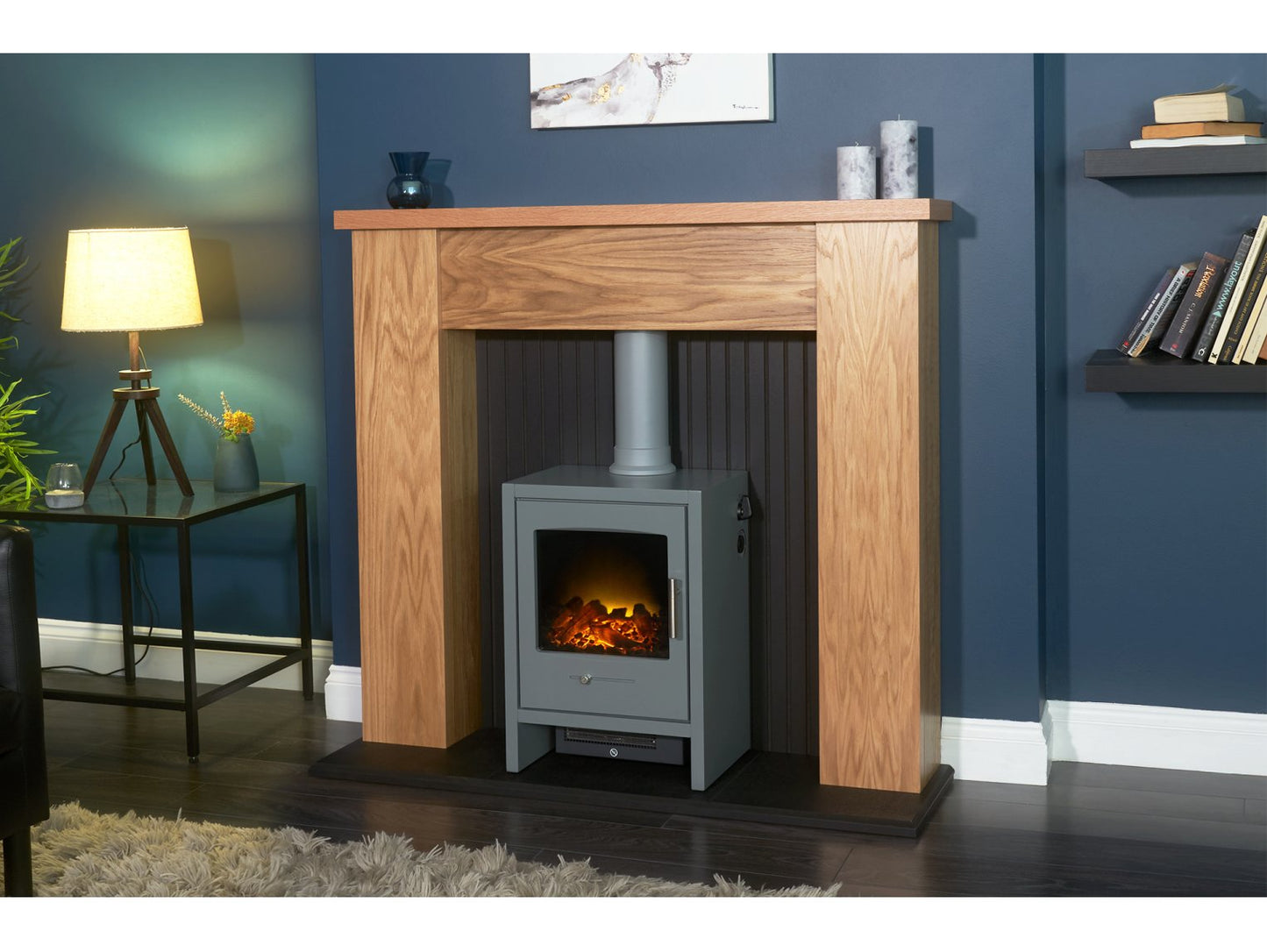 Adam New England Stove Fireplace Oak & Black + Bergen Electric Stove Grey, 48"
