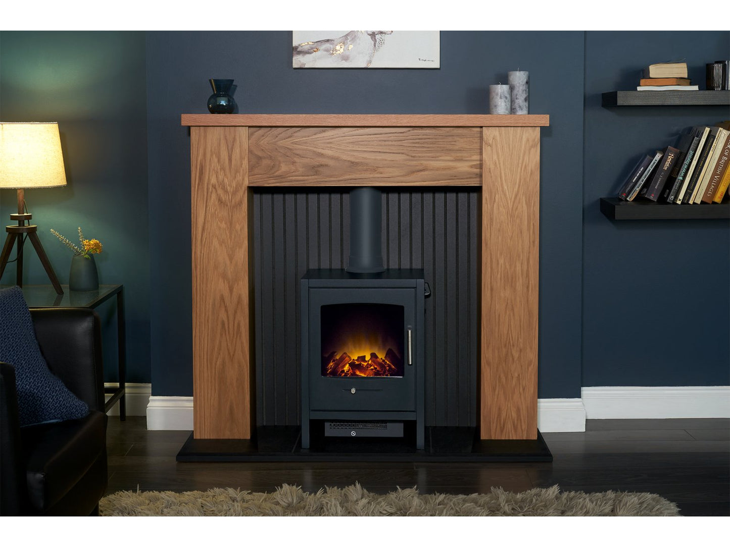 Adam New England Stove Fireplace Oak & Black + Bergen Electric Stove Charcoal Grey, 48"