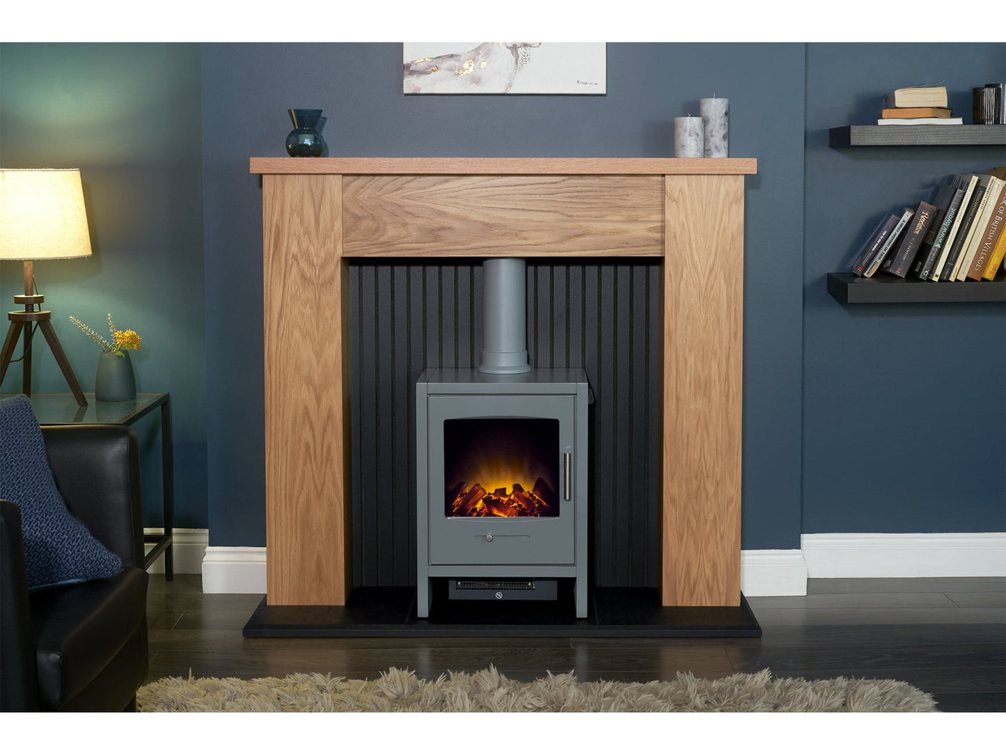 Adam New England Stove Fireplace Oak & Black + Bergen Electric Stove Grey, 48"