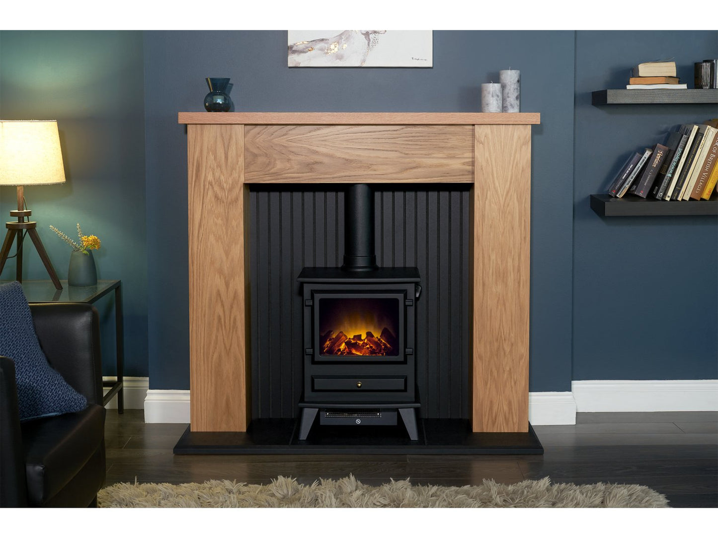 Adam New England Stove Fireplace Oak & Black + Hudson Electric Stove Black, 48"