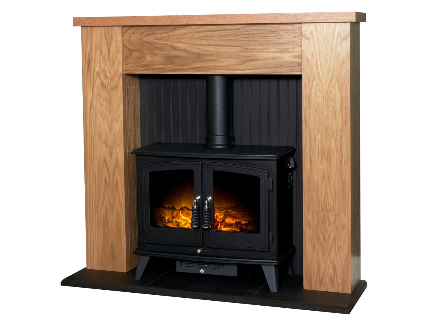 Adam New England Stove Fireplace Oak & Black + Woodhouse Electric Stove Black, 48"