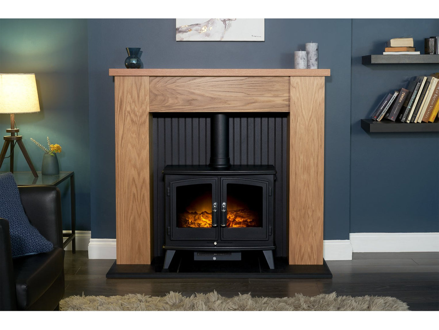 Adam New England Stove Fireplace Oak & Black + Woodhouse Electric Stove Black, 48"