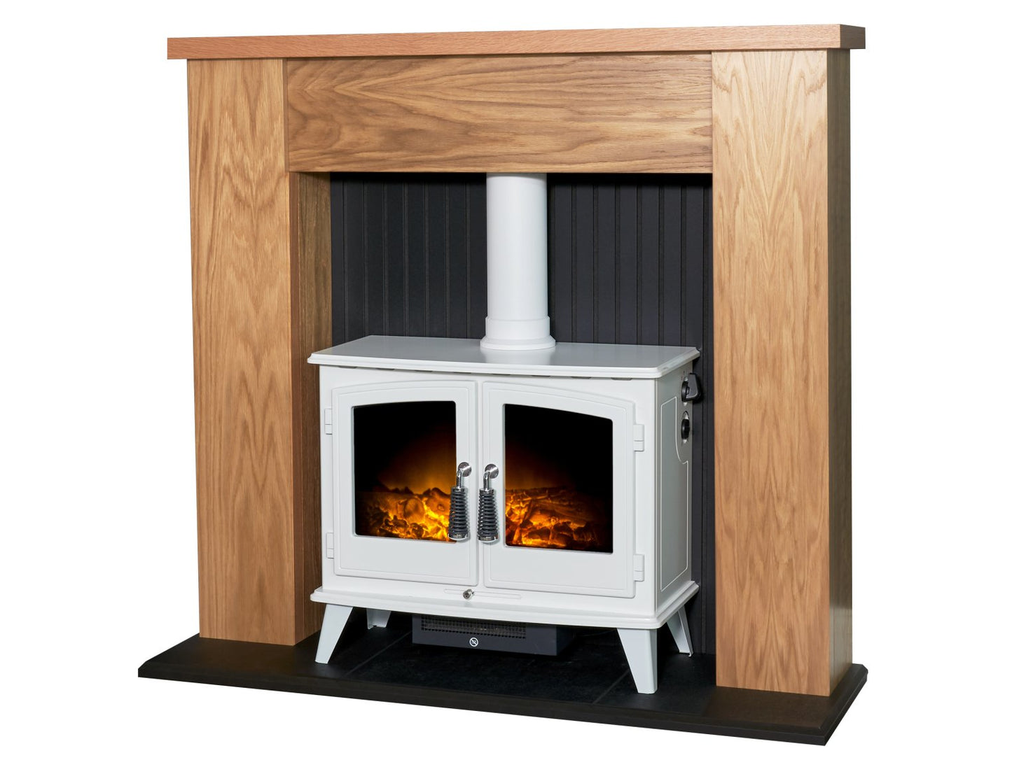Adam New England Stove Fireplace Oak & Black + Woodhouse Electric Stove Pure White, 48"