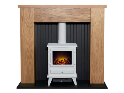 Adam New England Stove Fireplace in Oak & Black with Hudson Electric Stove in Textured White, 48 Inch