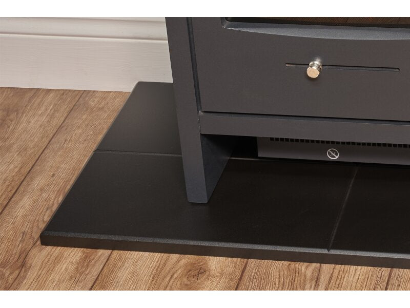 Adam Oak Beam, Hearth & Stove Pipe with Bergen Stove in Charcoal Grey