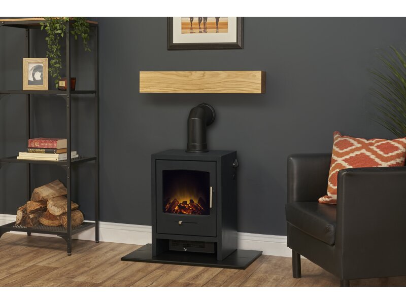 Adam Oak Beam, Hearth & Stove Pipe with Bergen Stove in Charcoal Grey