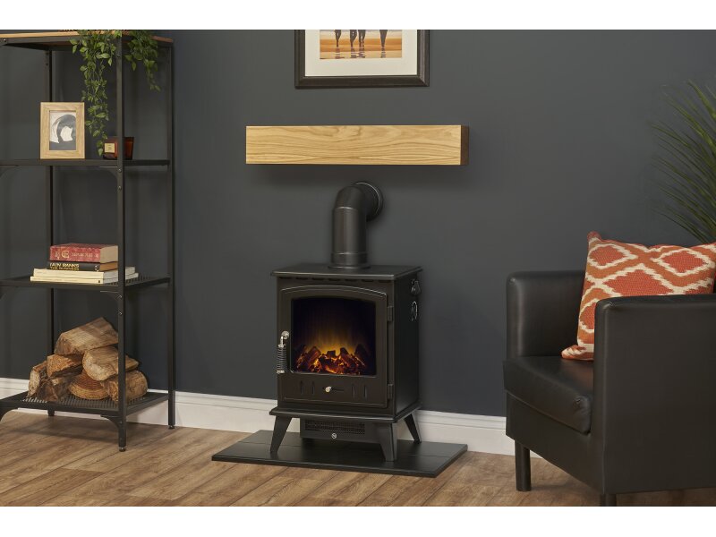 Adam Oak Beam, Hearth & Stove Pipe with Aviemore Stove in Black