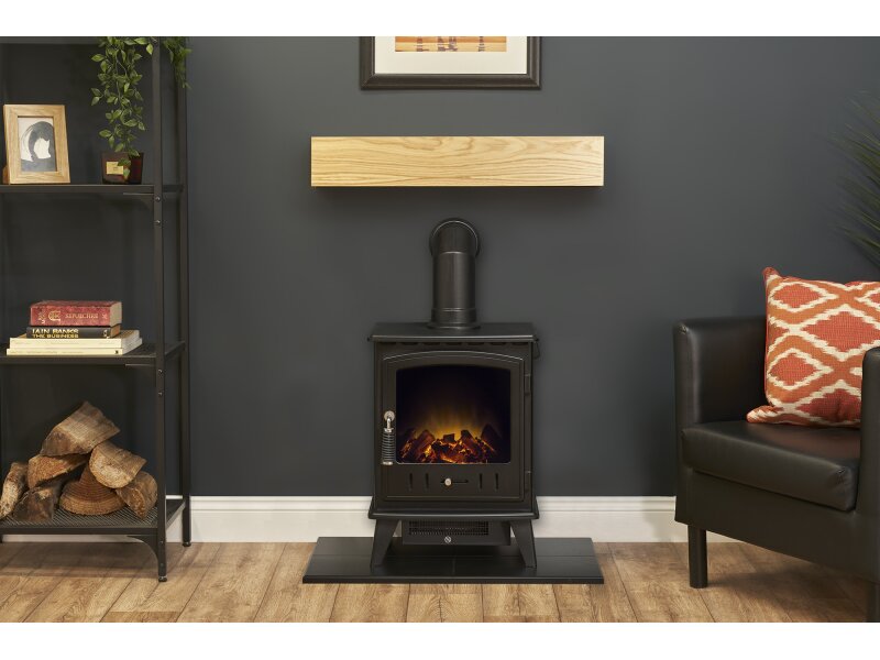 Adam Oak Beam, Hearth & Stove Pipe with Aviemore Stove in Black