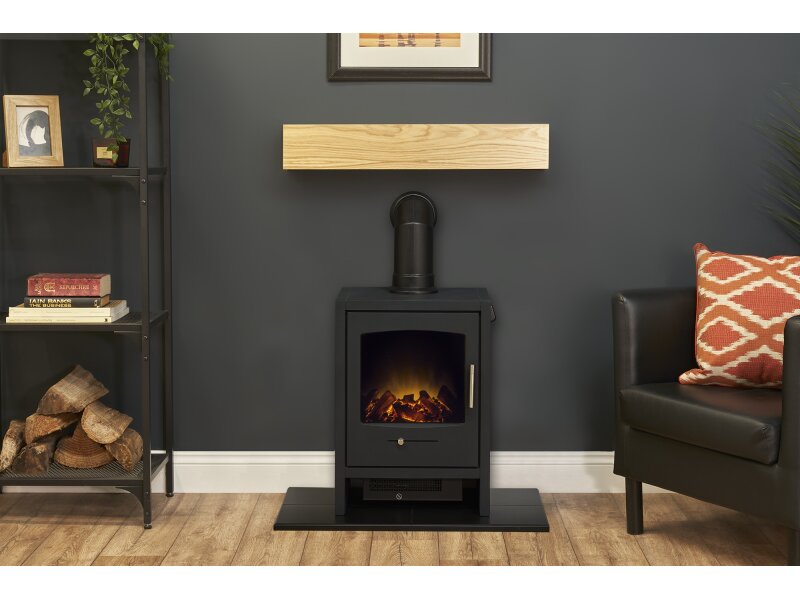 Adam Oak Beam, Hearth & Stove Pipe with Bergen Stove in Charcoal Grey