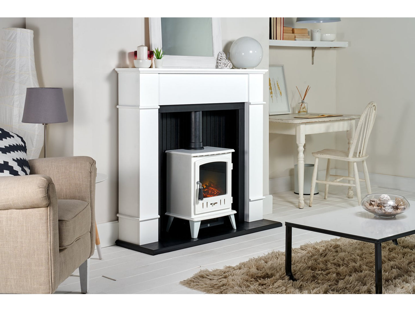 Adam Oxford Stove Suite Pure White + Aviemore Electric Stove White Enamel, 48"