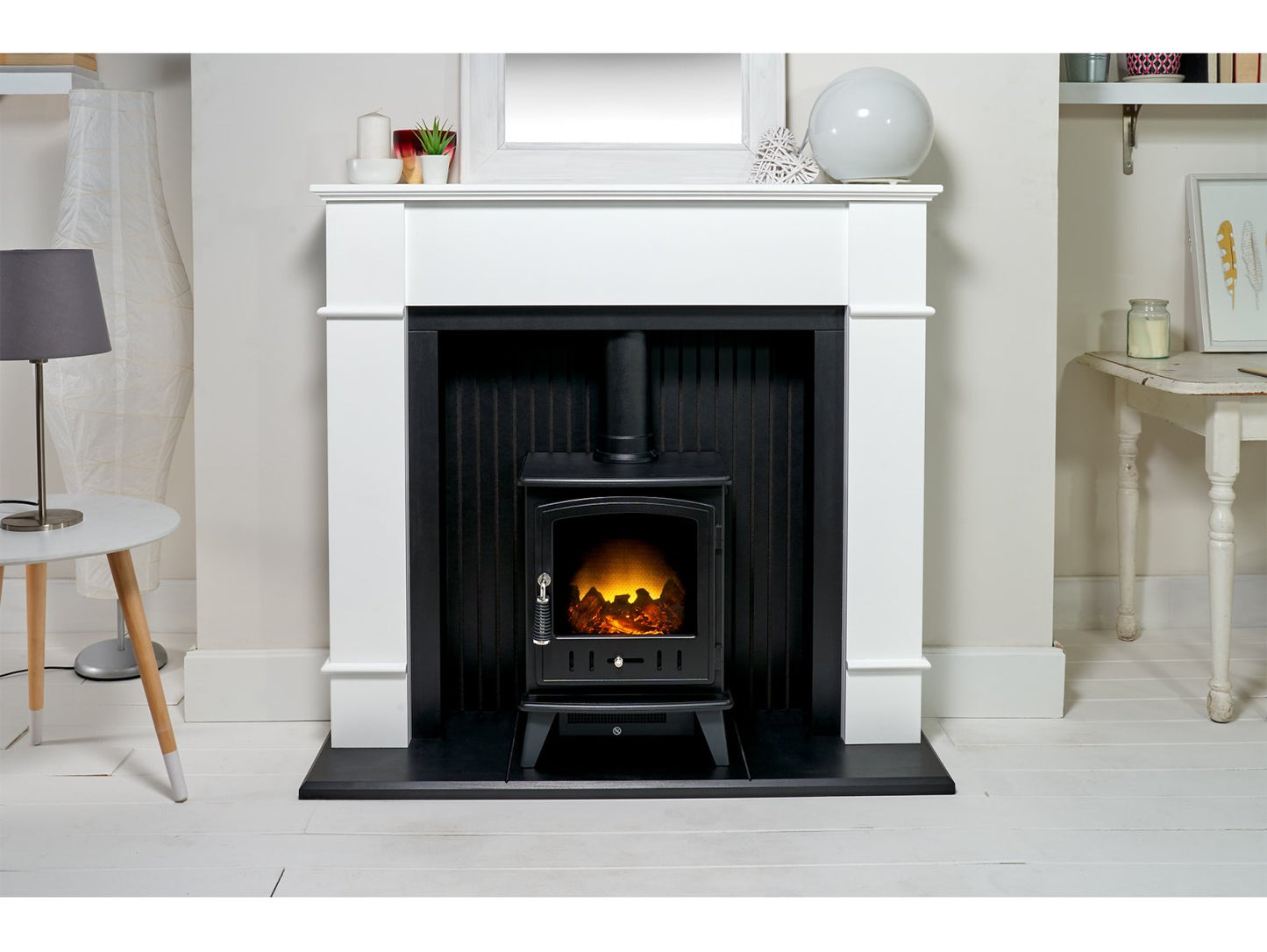 Adam Oxford Stove Suite Pure White + Aviemore Electric Stove Black, 48"