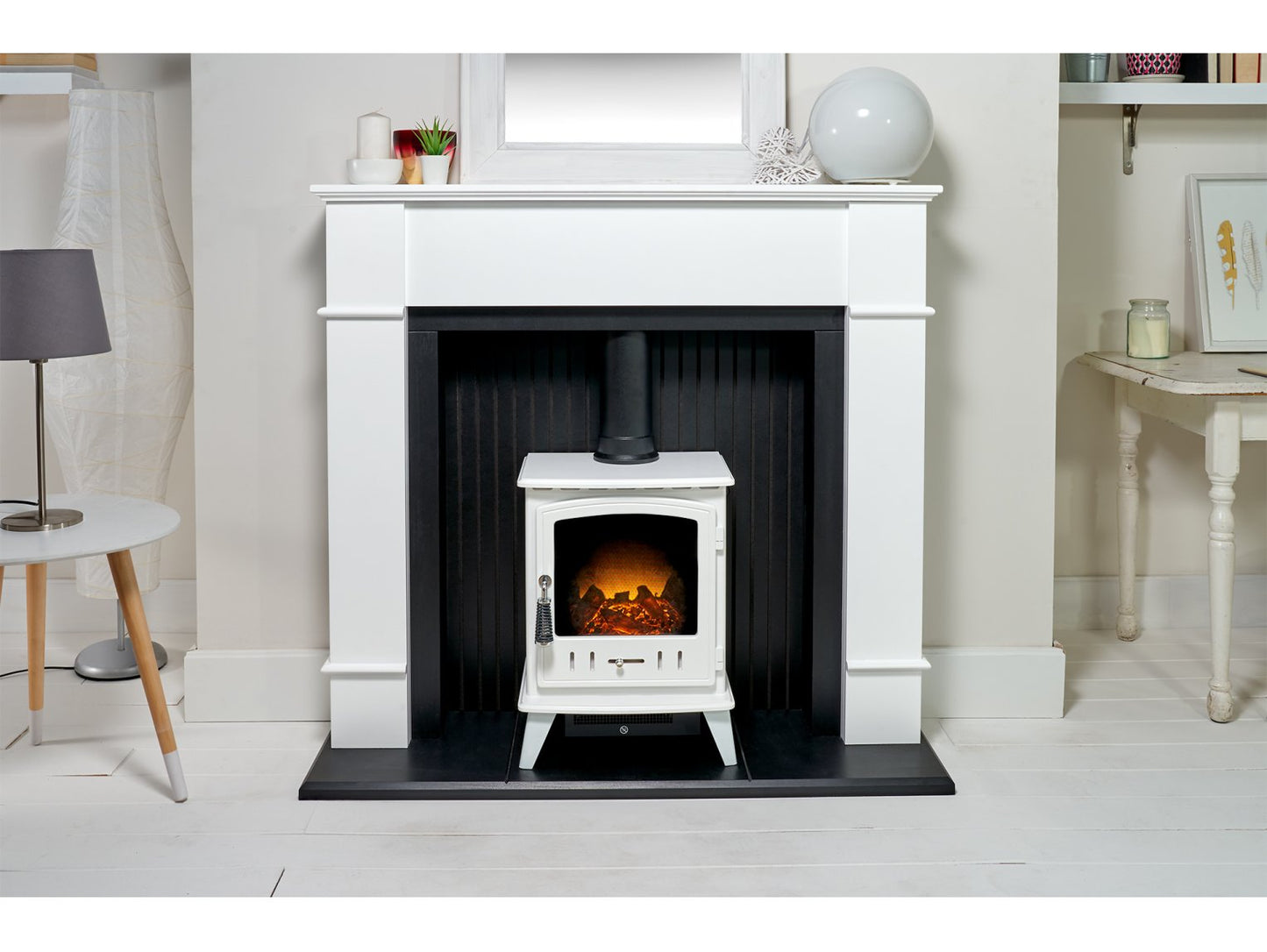 Adam Oxford Stove Suite Pure White + Aviemore Electric Stove White Enamel, 48"