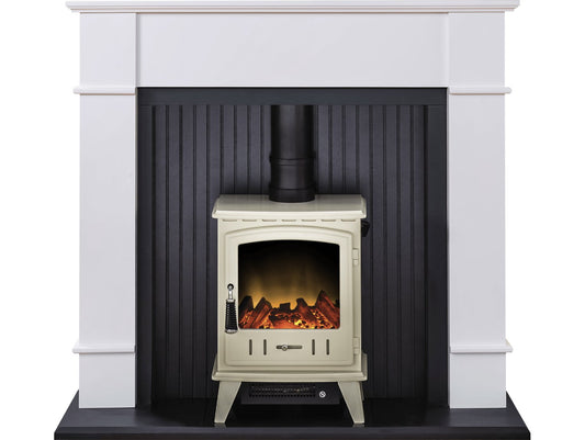 Adam Oxford Stove Suite in Pure White with Aviemore Electric Stove in Cream Enamel, 48 Inch