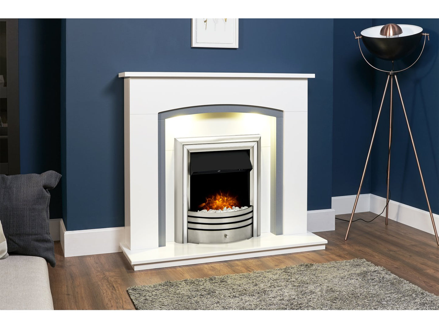 Adam Savanna Fireplace Pure White & Grey + Astralis 6-in-1 Electric Fire Chrome, 48"